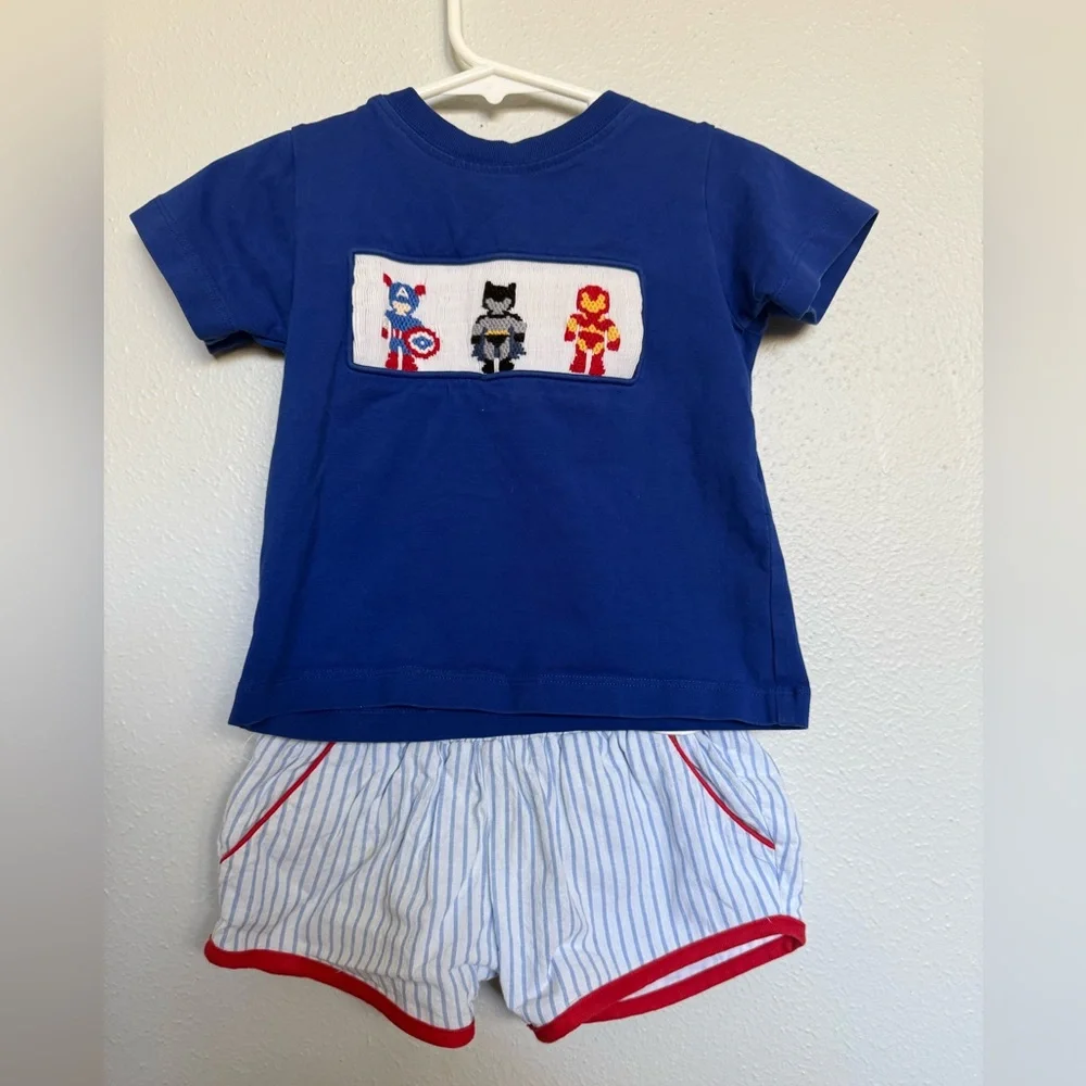 Blue Kids Tee & Striped Shorts Set with Superhero Smocking - Picture 1 of 2